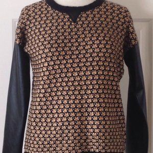 Romeo & Juliet Couture Faux Leather Sleeve Knit Woven Hybrid Sweater Camel Black